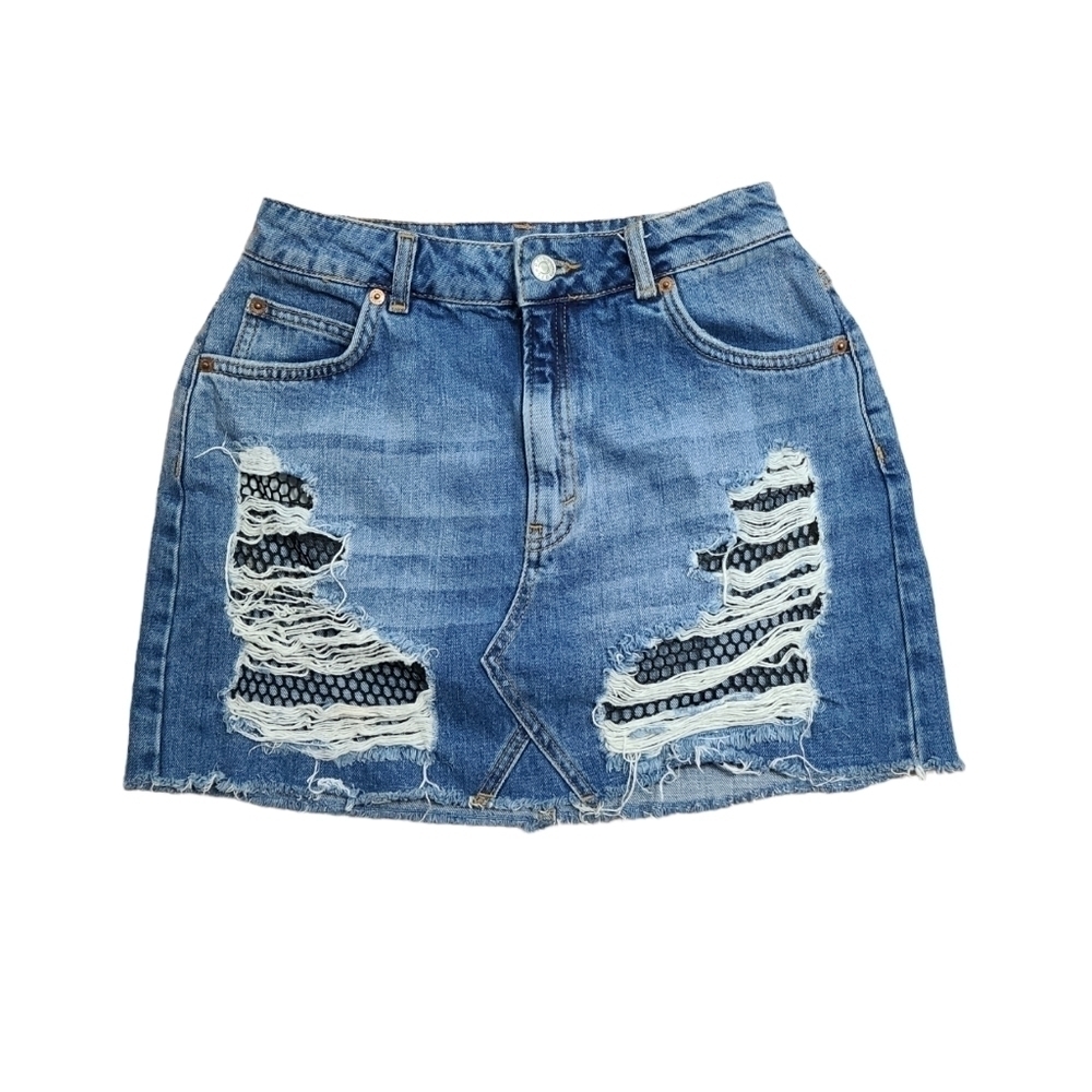 Topshop Moto Blue Fishnet Rip Denim Mini Skirt Women's Size 6